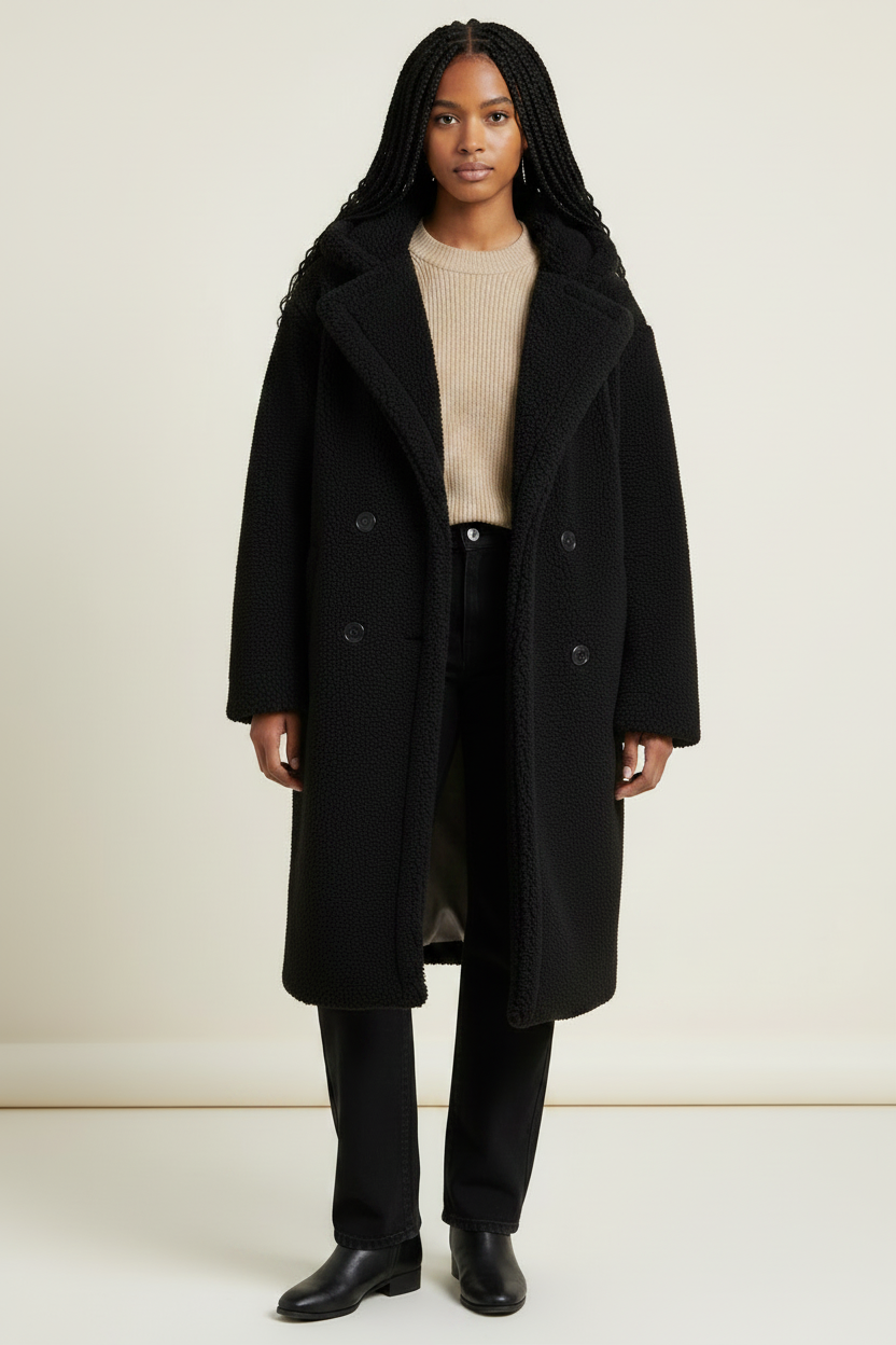 Women's Long Hooded Teddy Coat with Plush Borg Texture