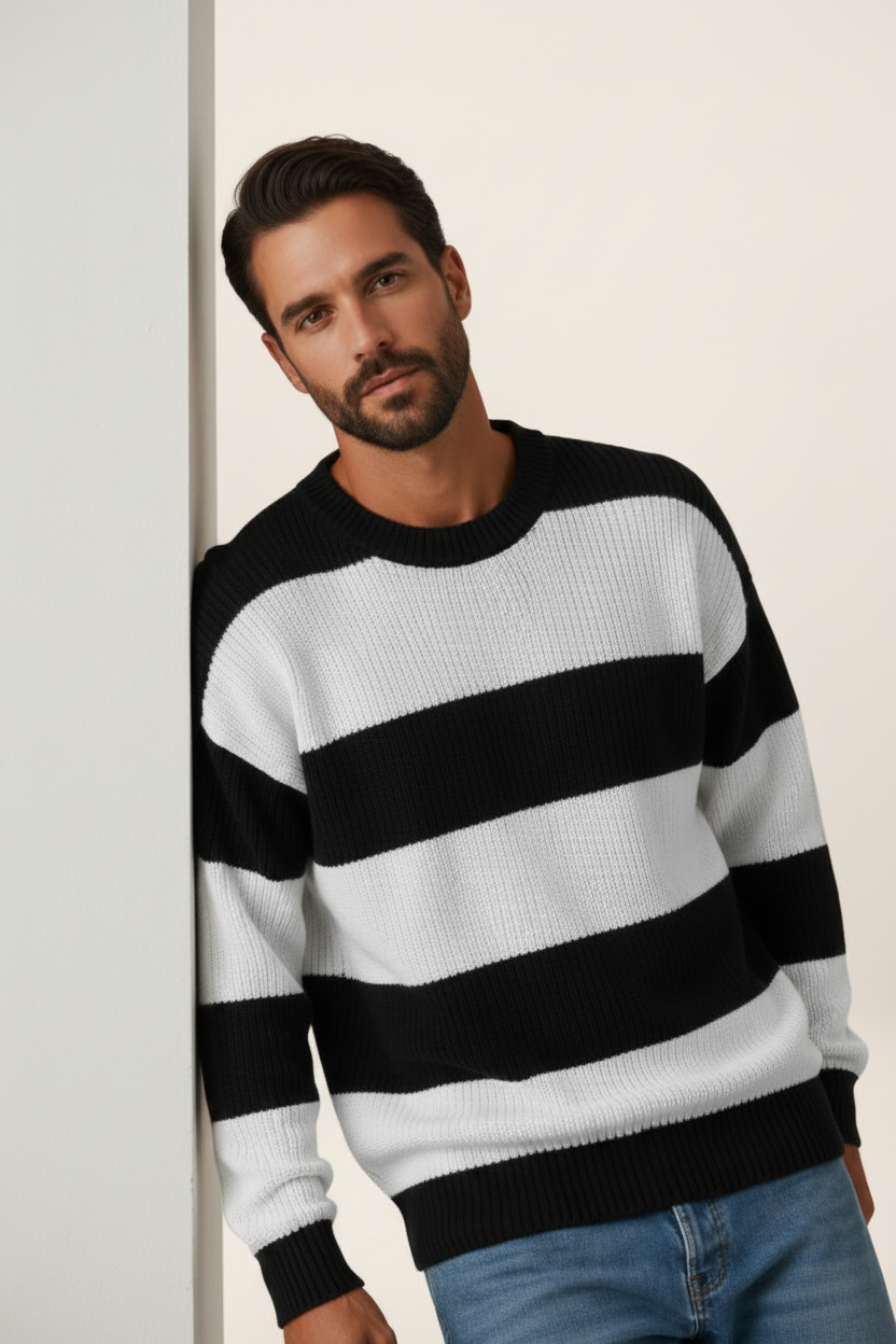 Men's Striped Knit Sweater – Crew Neck Long Sleeve Pullover
