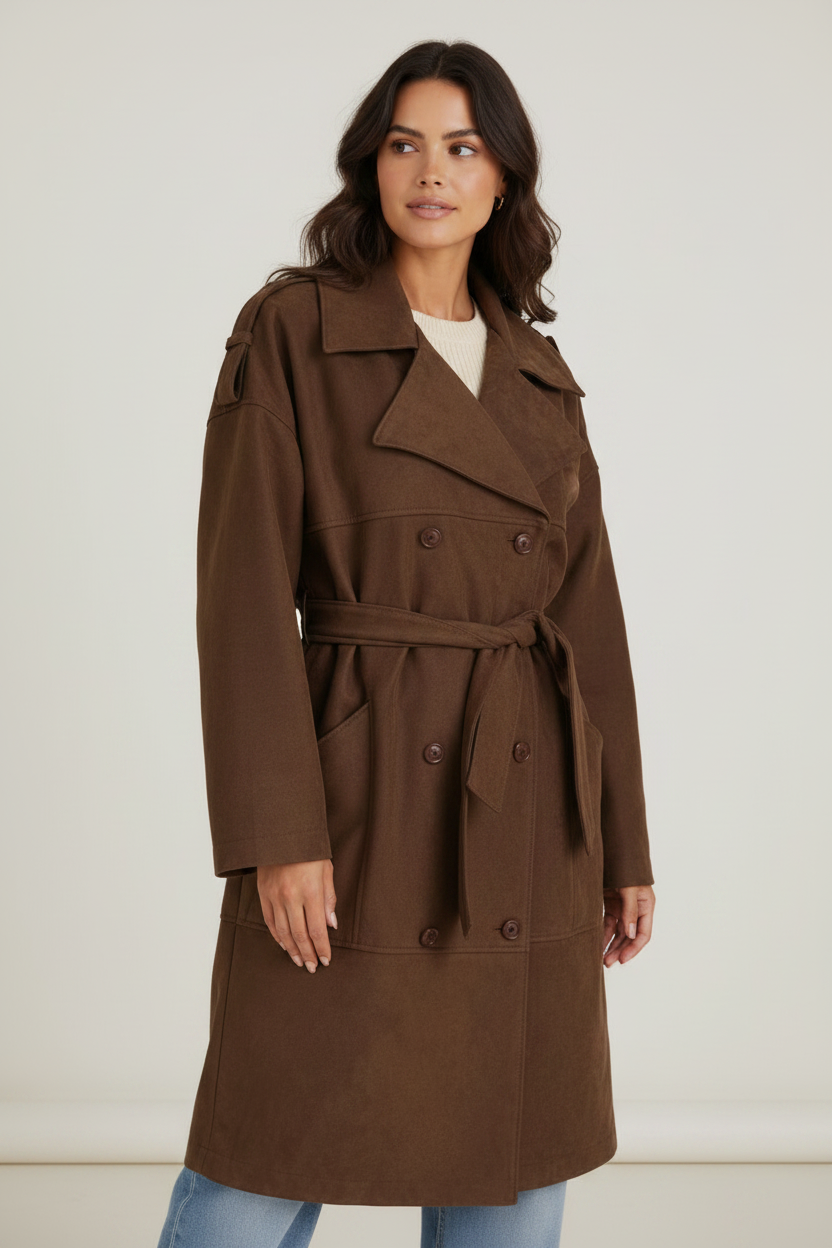 Elegant Faux Suede Trench Coat Women | Double-Breasted Design with Adjustable Waist Belt for Timeless Sophistication