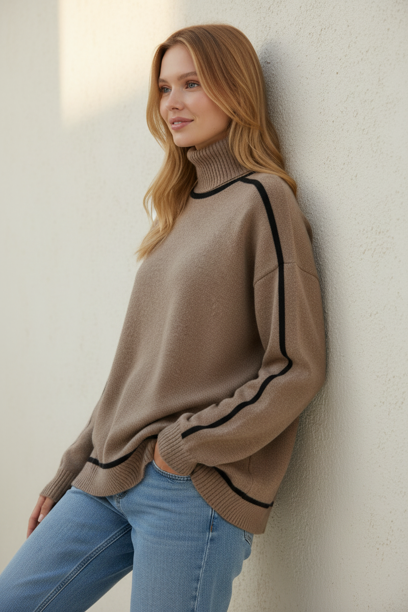 Elegant Oversized Roll Neck Jumper with Contrast Trim | Cozy Style for Effortless Everyday Wear