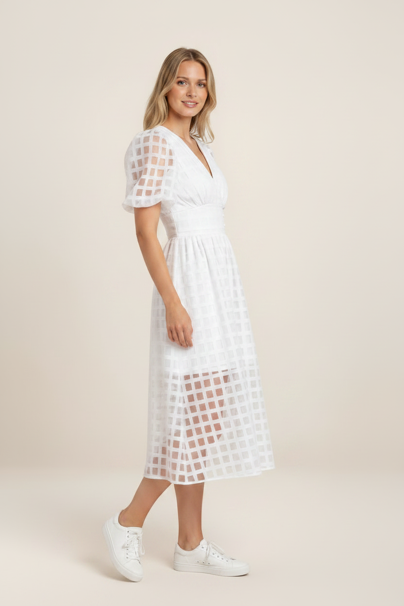 Elegant Midi Dress with Puff Sleeves & Textured Fabric for Special Occasions