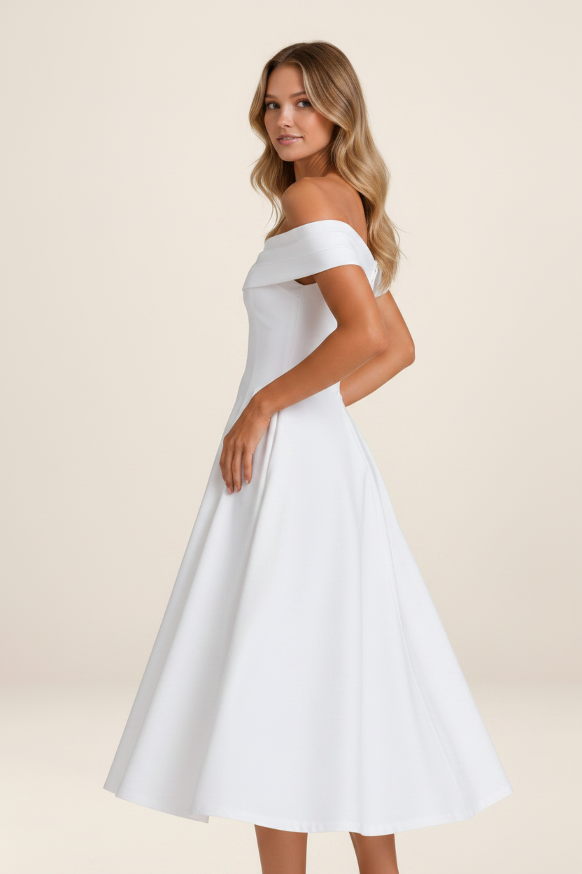 Elegant Off-Shoulder Midi Dress with Flowing Skirt for Timeless Sophistication