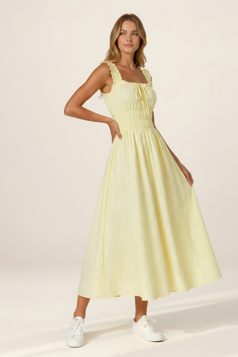 Floral Midi Dress with Shirred Waist & Ruffle Straps for Effortless Style