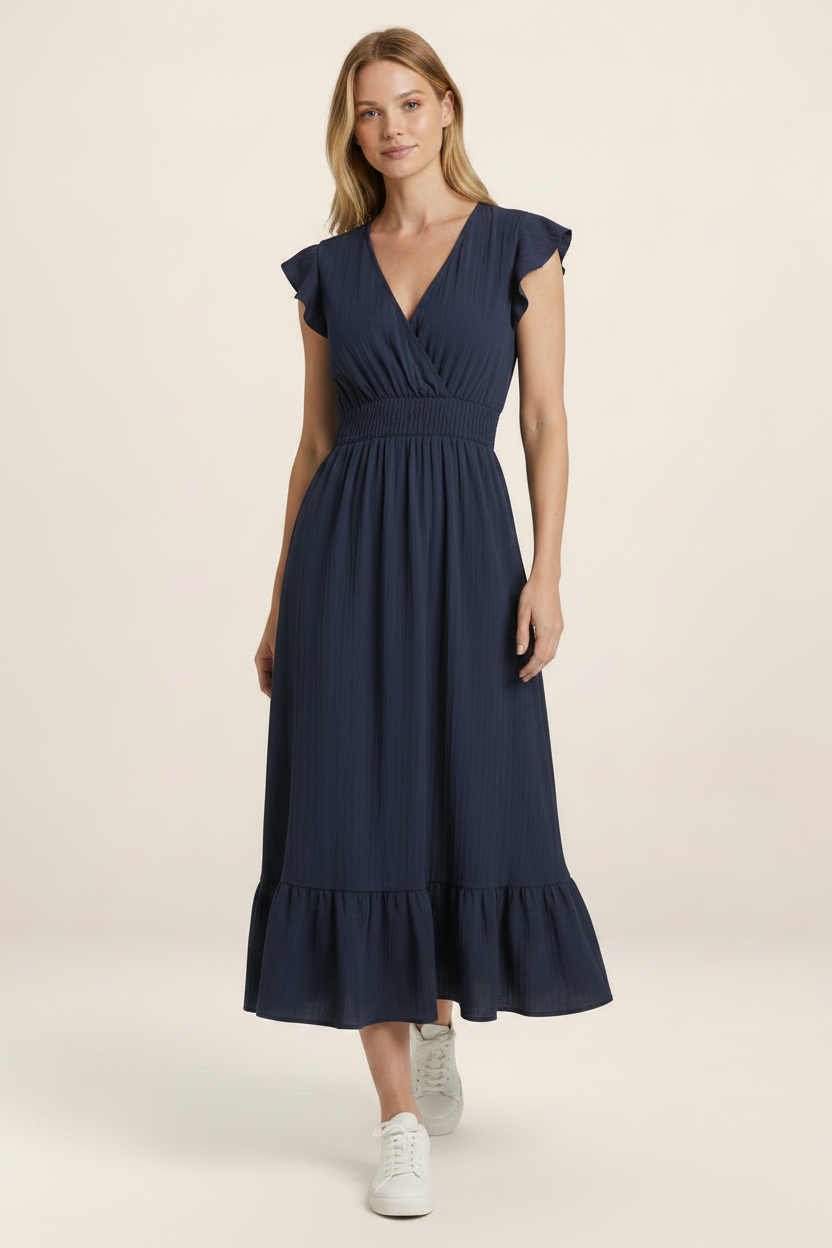 Elegant Midi Dress with V-Neck & Shirred Waist for Effortless Style