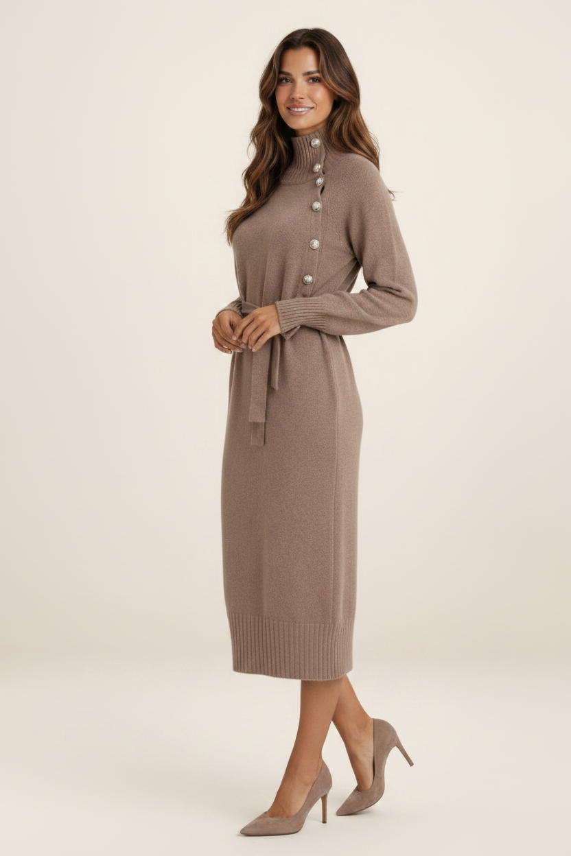 Elegant Cotton Knitted Midi Dress with Roll Neck & Adjustable Belt | Versatile Autumn and Winter Styling