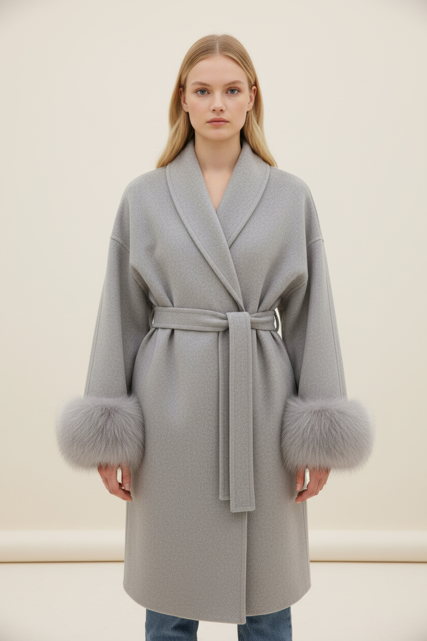 Elegant Women's Wool Blend Wrap Coat with Faux Fur Trim | Stylish Outerwear for Warmth and Sophistication