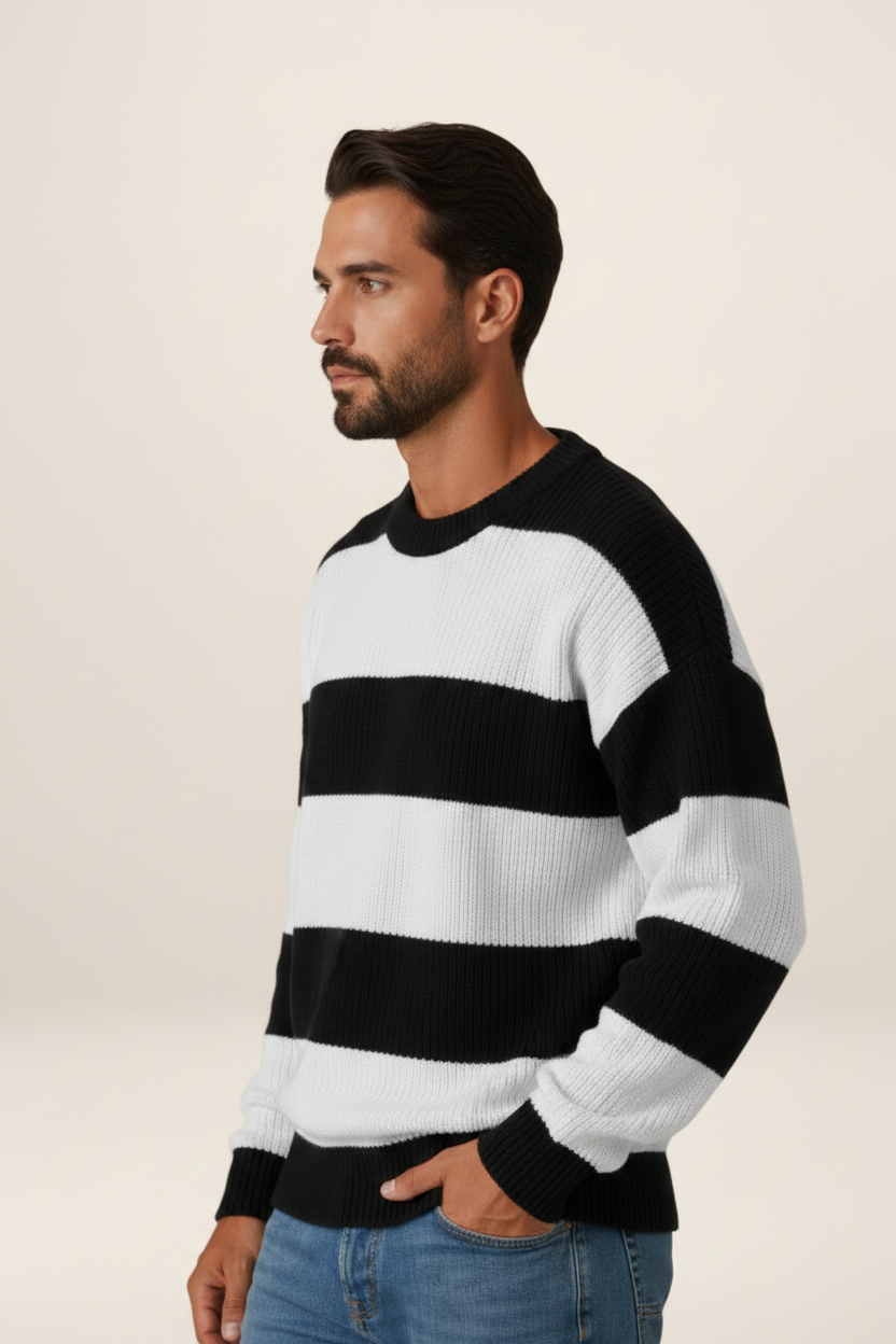 Men's Striped Knit Sweater – Crew Neck Long Sleeve Pullover