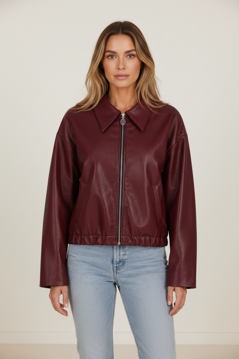 Elegant Edge | Women's Zip Leather Jacket with Oversized Collar | Relaxed Fit for Effortless Style