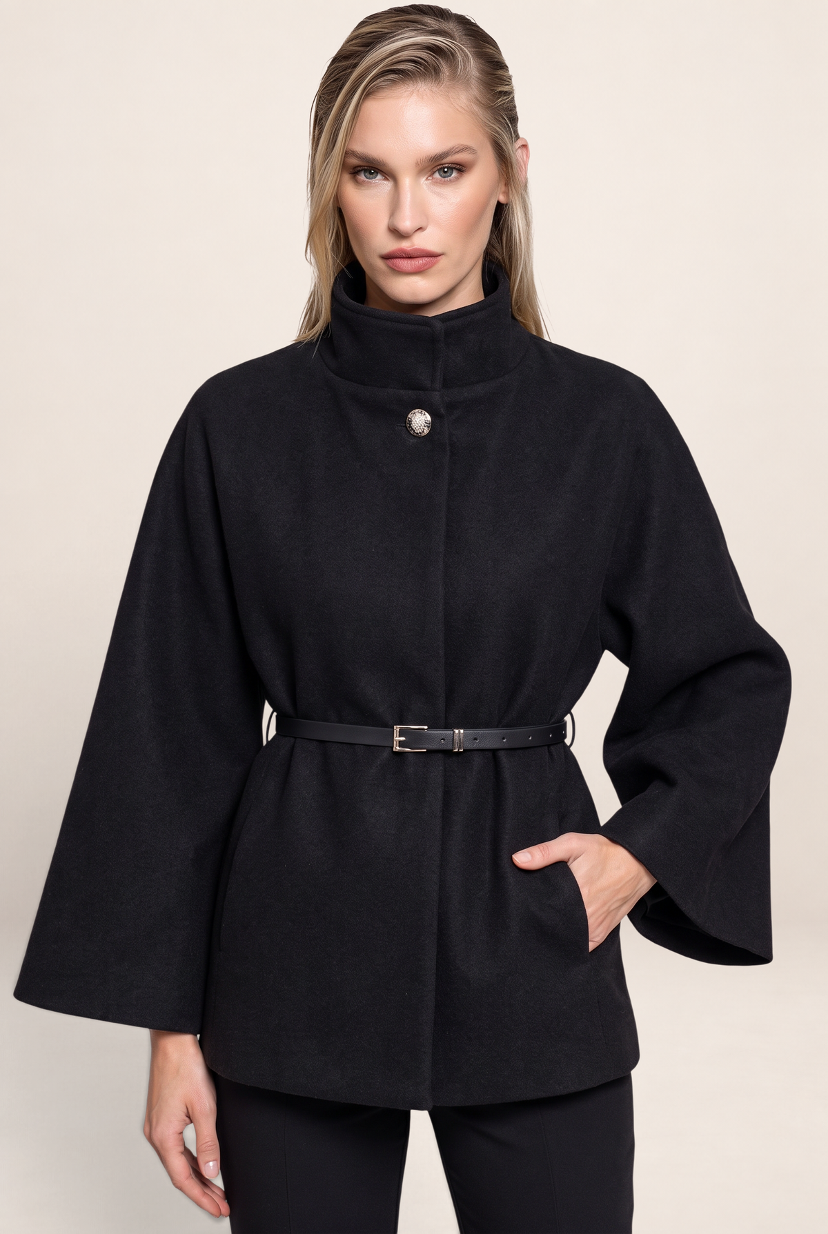Women’s Belted Cape Jacket – High Neck Flared Sleeve Coat