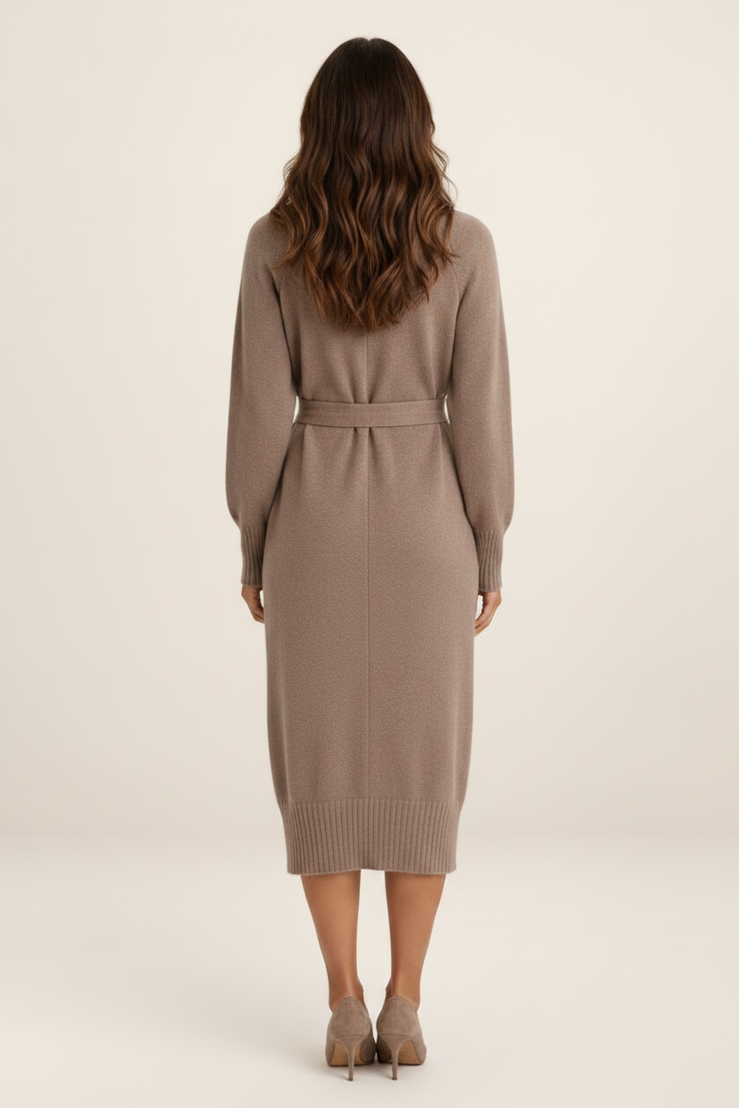 Elegant Cotton Knitted Midi Dress with Roll Neck & Adjustable Belt | Versatile Autumn and Winter Styling