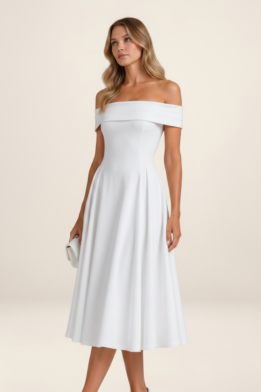 Elegant Off-Shoulder Midi Dress with Flowing Skirt for Timeless Sophistication