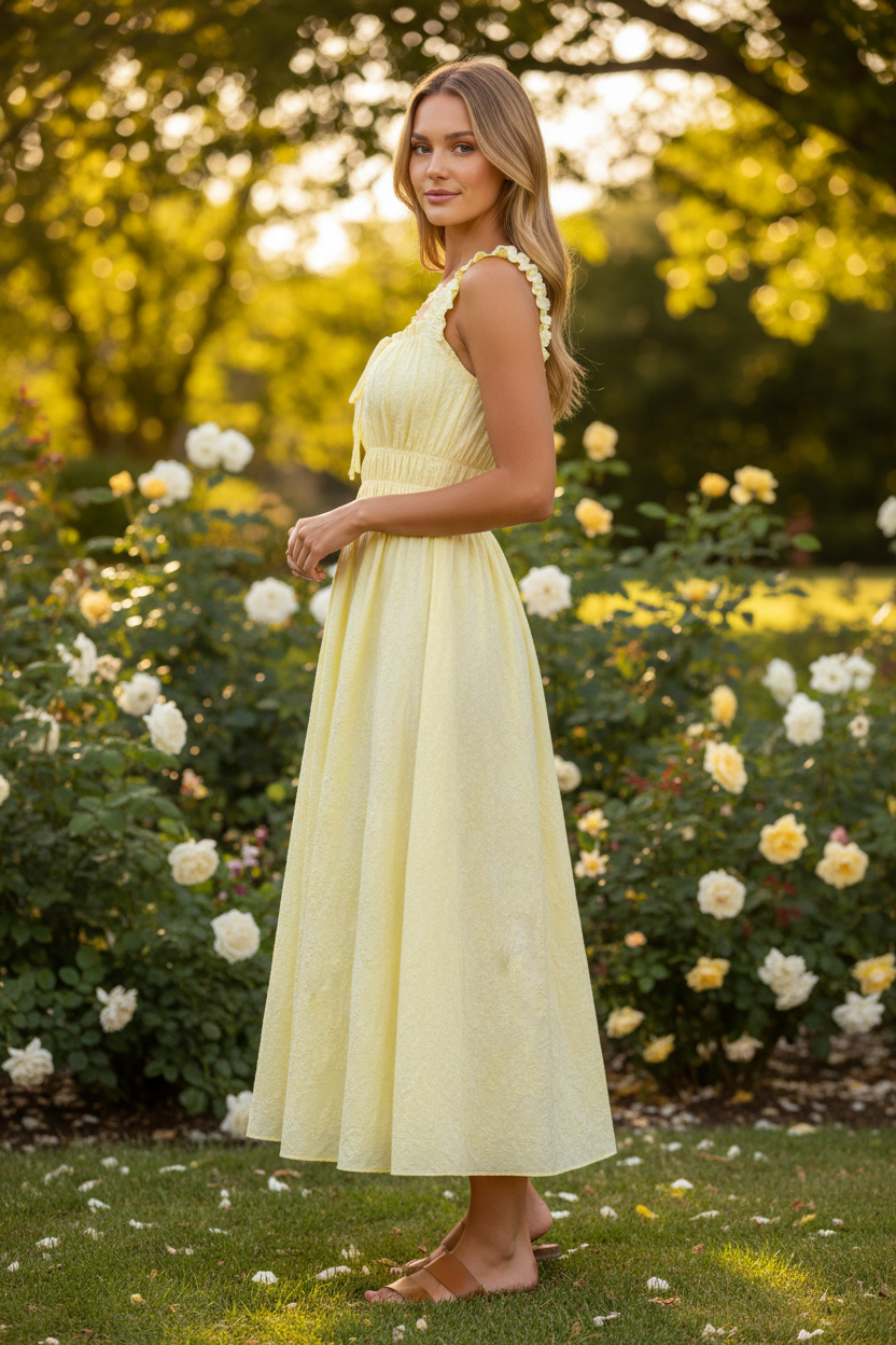 Floral Midi Dress with Shirred Waist & Ruffle Straps for Effortless Style