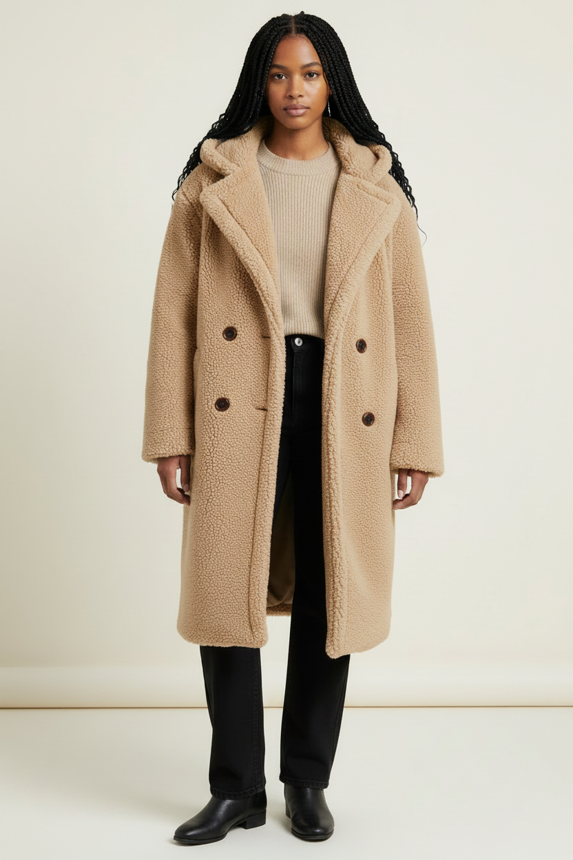 Women's Long Hooded Teddy Coat with Plush Borg Texture