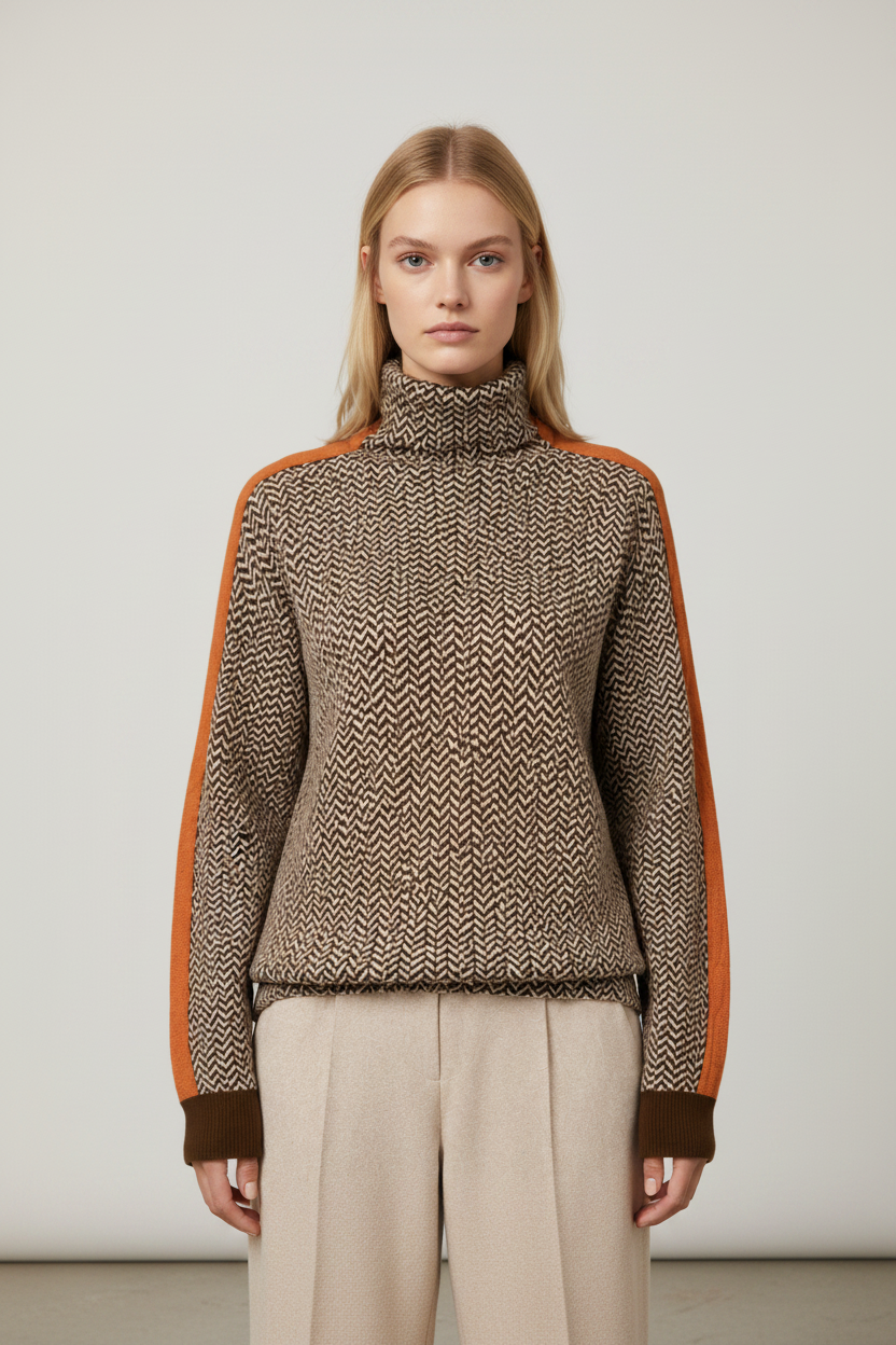 Elegant Knitwear | Women's Sweater with Herringbone Design & Contrast Stripes | Cozy Jumper for Effortless Style