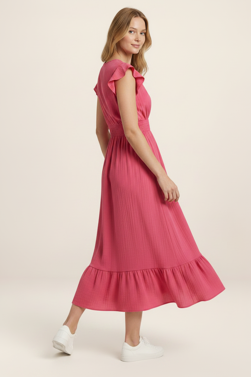 Elegant Midi Dress with V-Neck & Shirred Waist for Effortless Style