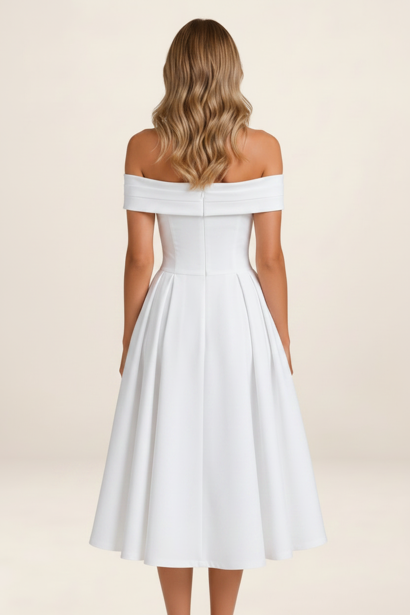 Elegant Off-Shoulder Midi Dress with Flowing Skirt for Timeless Sophistication