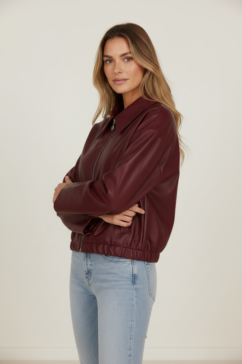Elegant Edge | Women's Zip Leather Jacket with Oversized Collar | Relaxed Fit for Effortless Style