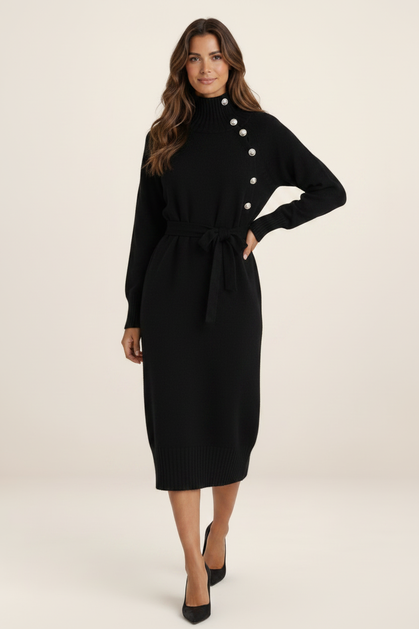 Elegant Cotton Knitted Midi Dress with Roll Neck & Adjustable Belt | Versatile Autumn and Winter Styling