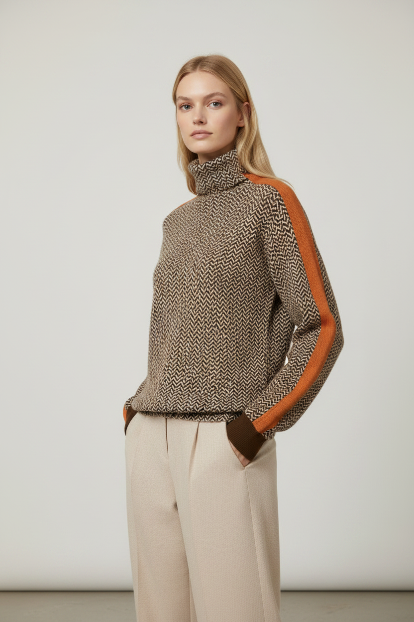 Elegant Knitwear | Women's Sweater with Herringbone Design & Contrast Stripes | Cozy Jumper for Effortless Style