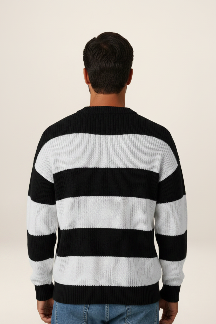 Men's Striped Knit Sweater – Crew Neck Long Sleeve Pullover