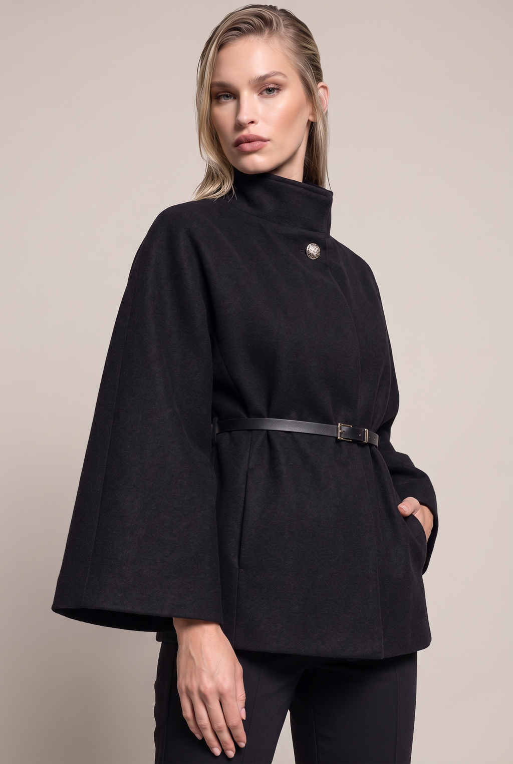 Women’s Belted Cape Jacket – High Neck Flared Sleeve Coat
