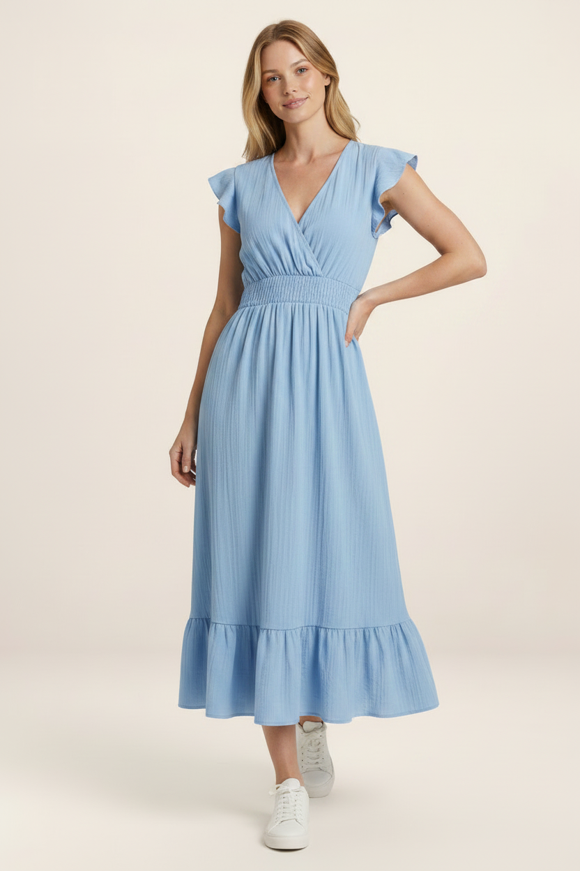 Elegant Midi Dress with V-Neck & Shirred Waist for Effortless Style