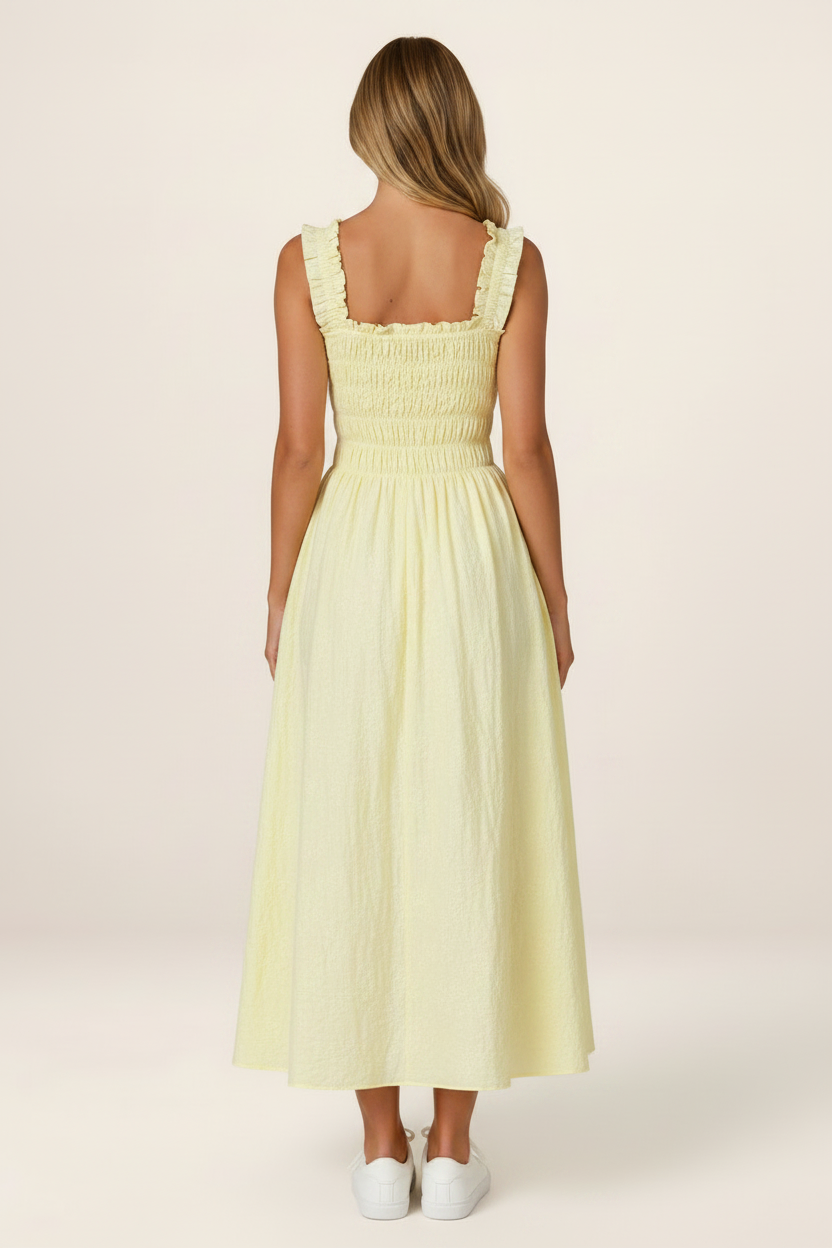 Floral Midi Dress with Shirred Waist & Ruffle Straps for Effortless Style