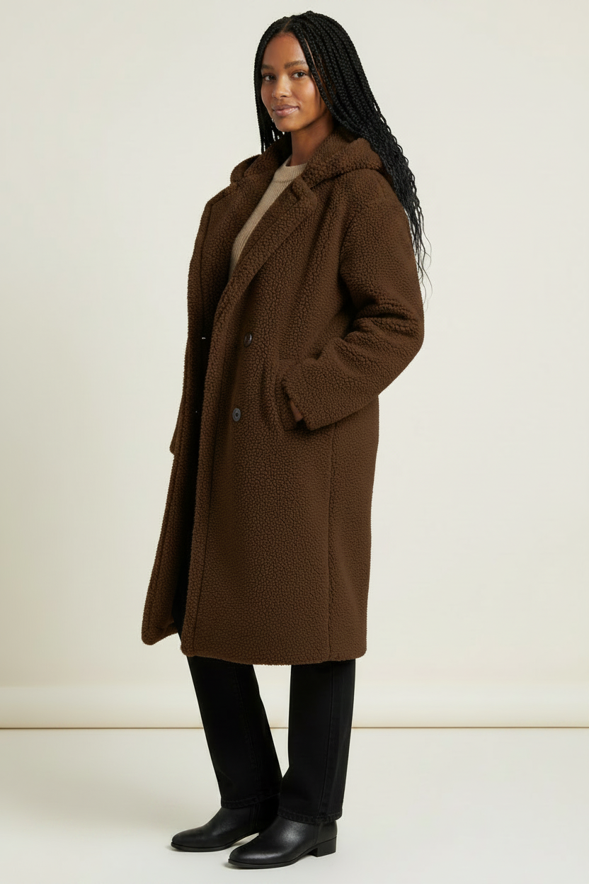 Women's Long Hooded Teddy Coat with Plush Borg Texture