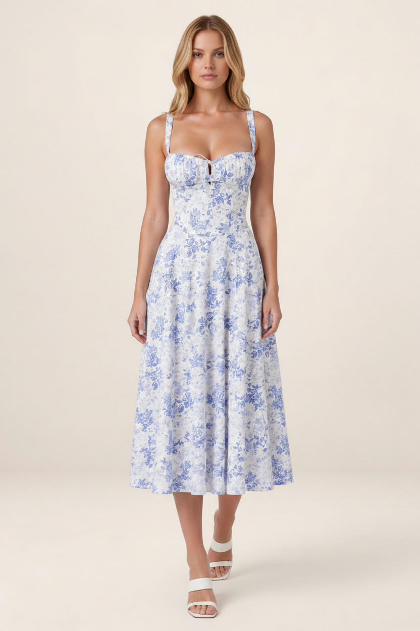Elegant Floral Midi Dress with Corset Bodice & Sweetheart Neckline for Timeless Style