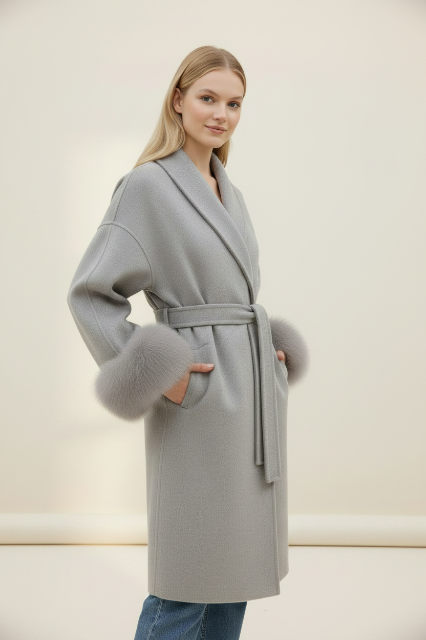 Elegant Women's Wool Blend Wrap Coat with Faux Fur Trim | Stylish Outerwear for Warmth and Sophistication