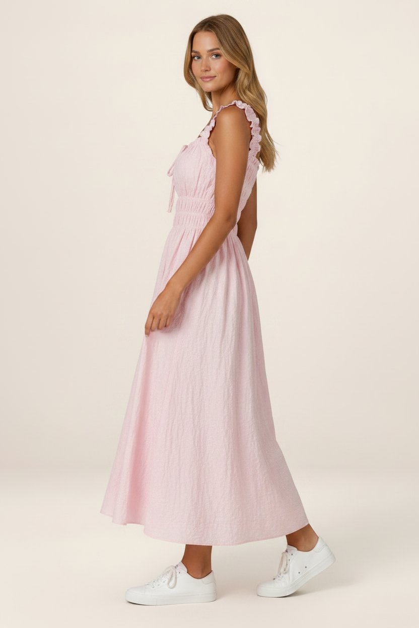 Floral Midi Dress with Shirred Waist & Ruffle Straps for Effortless Style