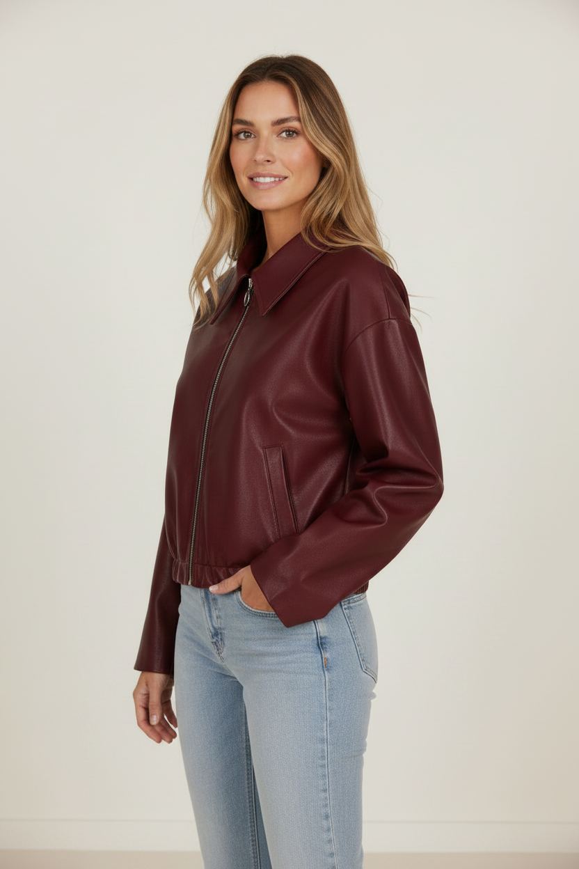 Elegant Edge | Women's Zip Leather Jacket with Oversized Collar | Relaxed Fit for Effortless Style