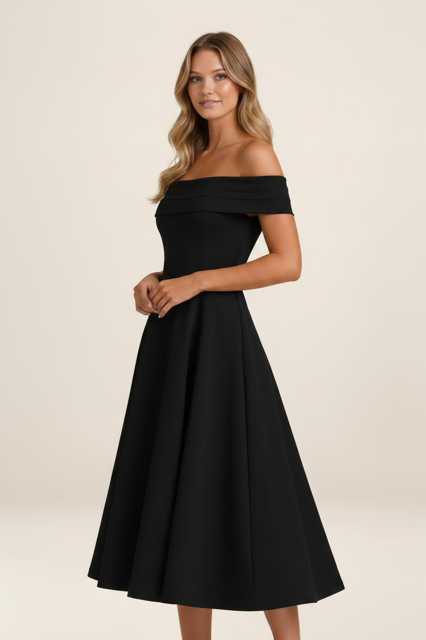 Elegant Off-Shoulder Midi Dress with Flowing Skirt for Timeless Sophistication