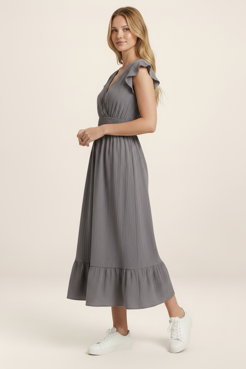 Elegant Midi Dress with V-Neck & Shirred Waist for Effortless Style