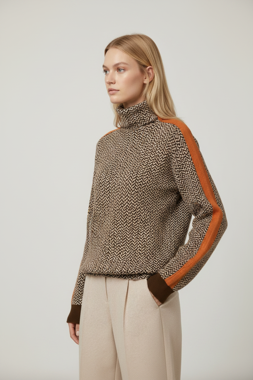 Elegant Knitwear | Women's Sweater with Herringbone Design & Contrast Stripes | Cozy Jumper for Effortless Style