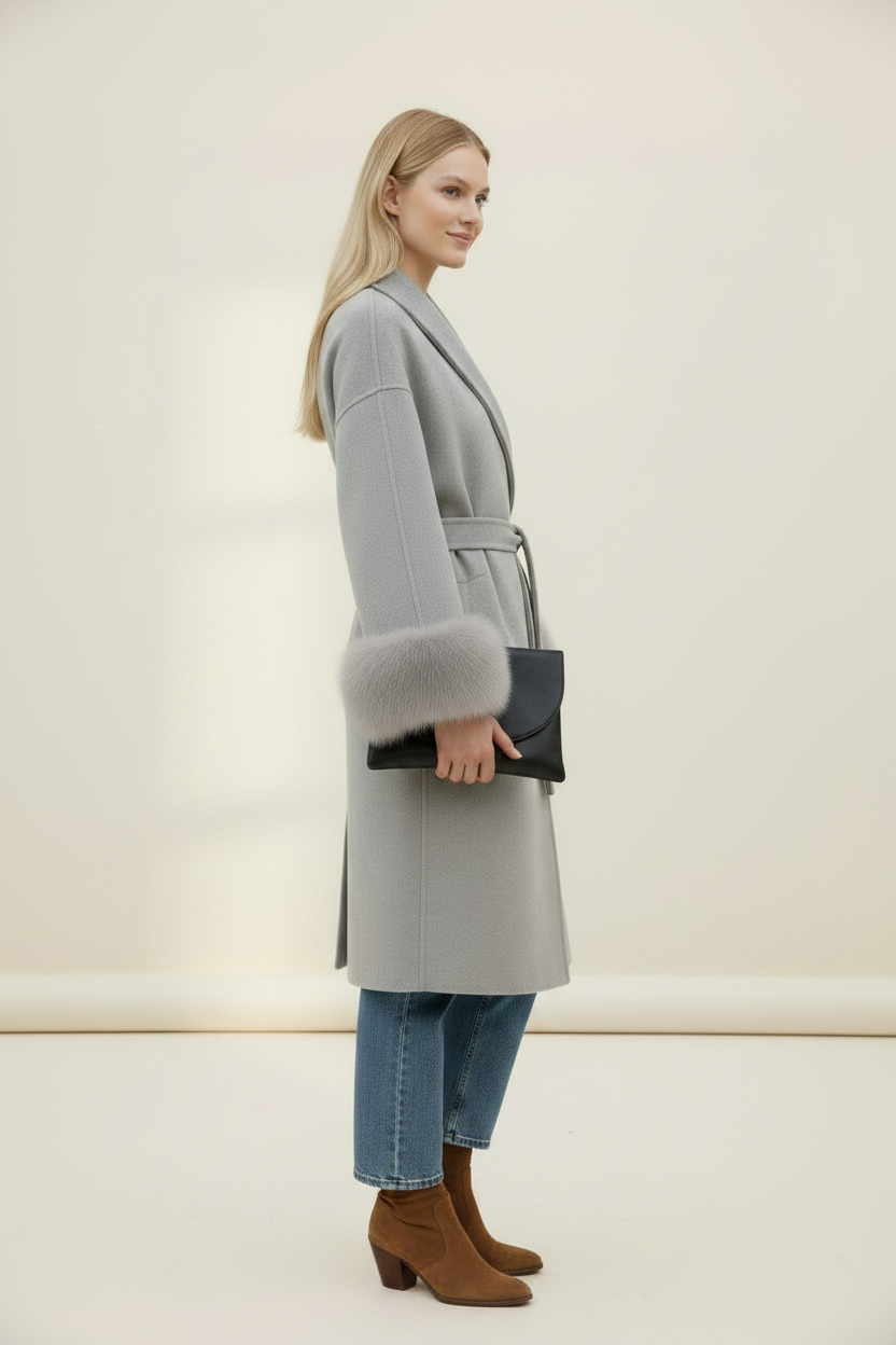 Elegant Women's Wool Blend Wrap Coat with Faux Fur Trim | Stylish Outerwear for Warmth and Sophistication