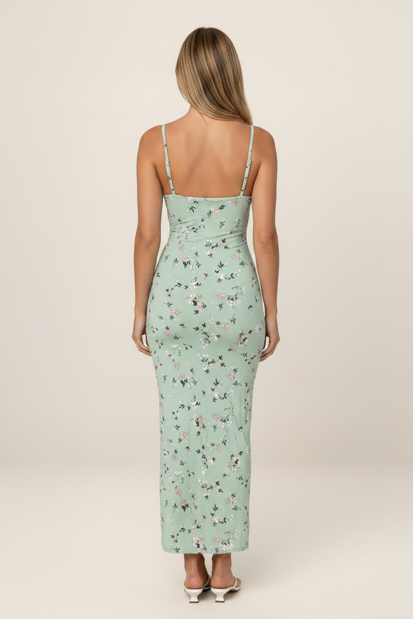 Elegant Floral Midi Dress with Cowl Neck & Side Split | Soft Sage Green for Effortless Style