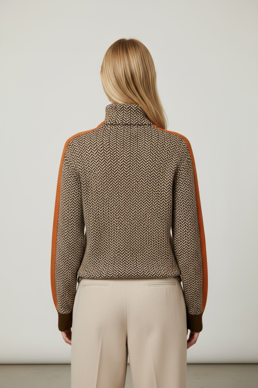 Elegant Knitwear | Women's Sweater with Herringbone Design & Contrast Stripes | Cozy Jumper for Effortless Style