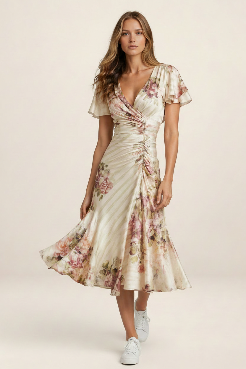 Elegant Midi Dress | Floral Satin Feel with Ruched Waist | Perfect for Special Occasions