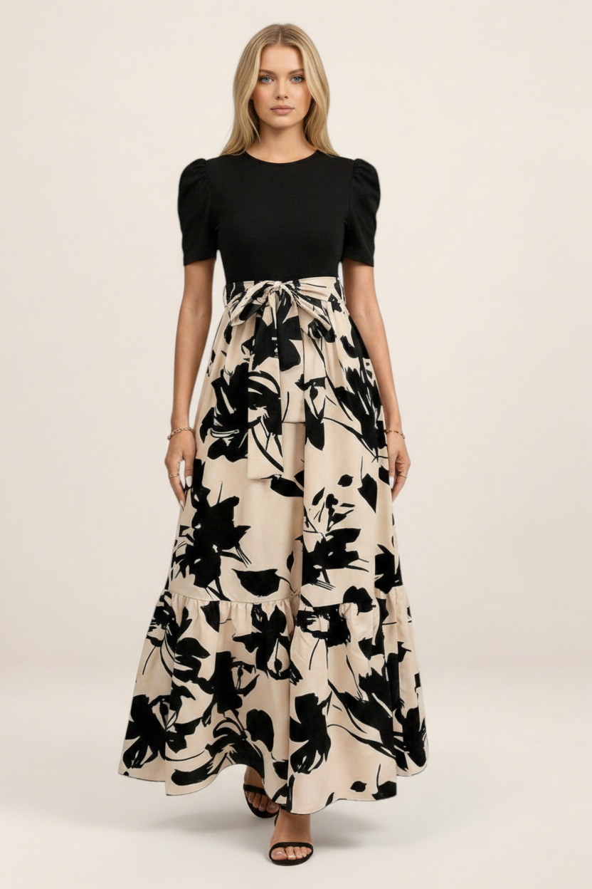 Floral Midi Dress | Women's Dress with Puff Sleeves & Belted Waist for Effortless Elegance