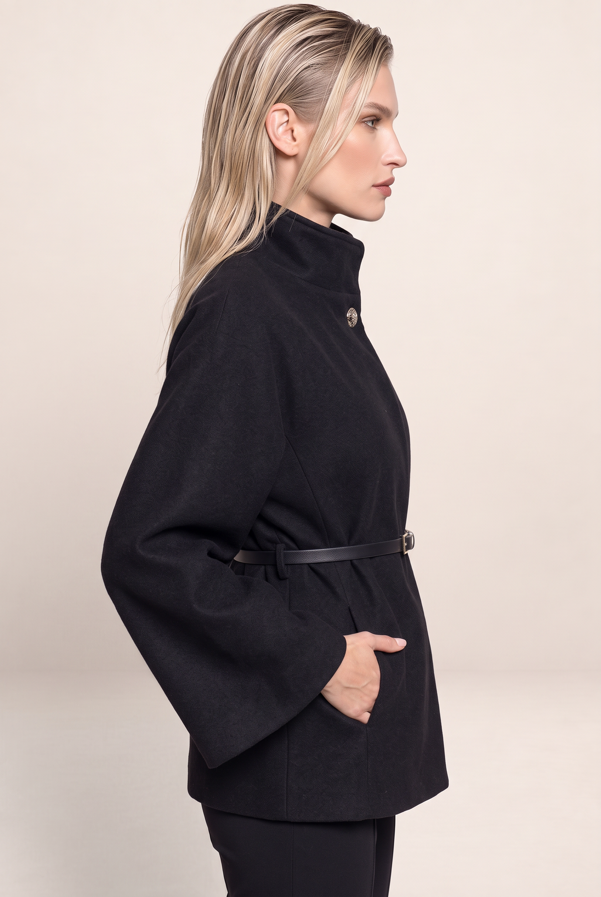 Women’s Belted Cape Jacket – High Neck Flared Sleeve Coat