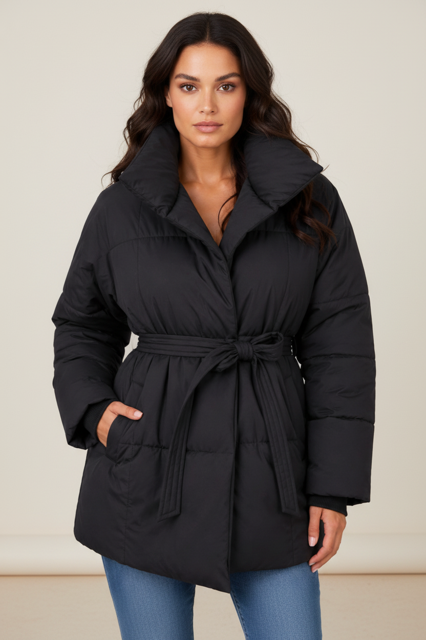 Elegant Women's Puffer Jacket with High Collar & Defined Waist | Cozy Winter Coat for Stylish Warmth