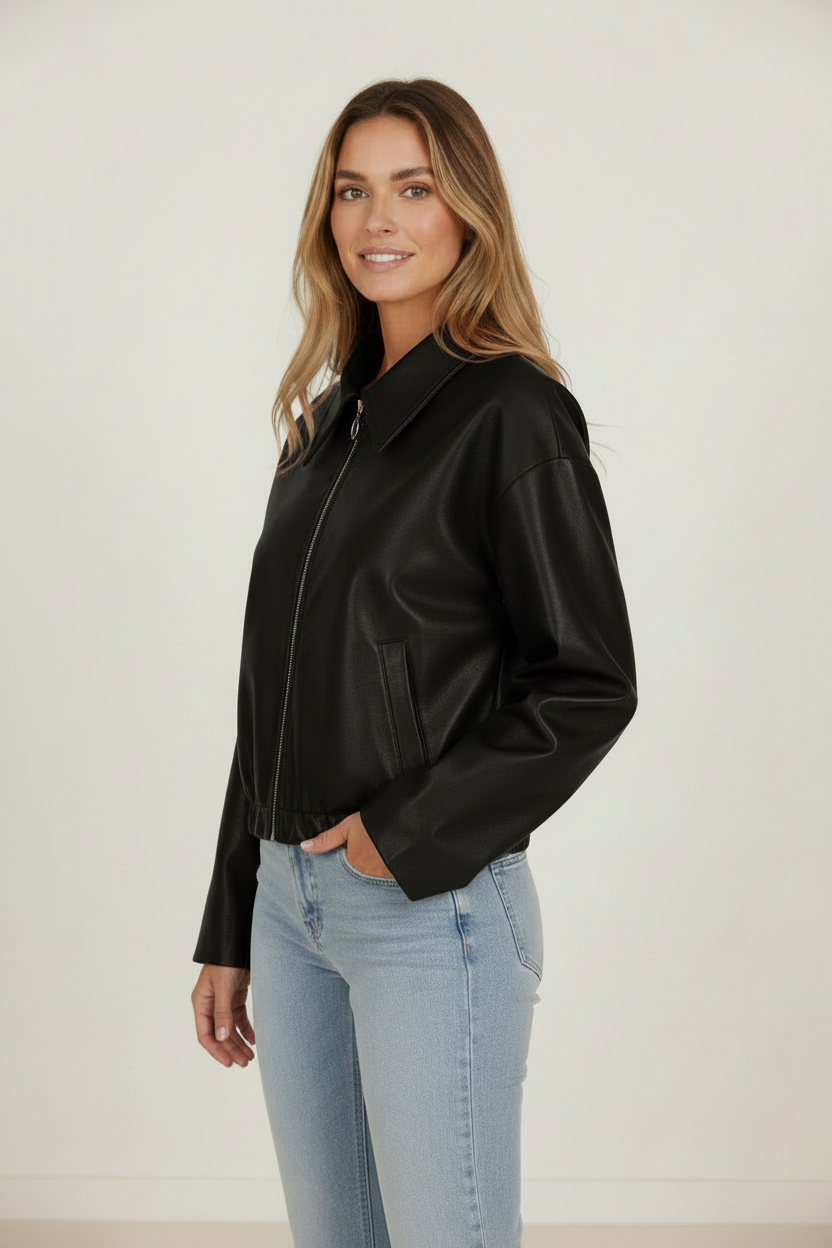 Elegant Edge | Women's Zip Leather Jacket with Oversized Collar | Relaxed Fit for Effortless Style