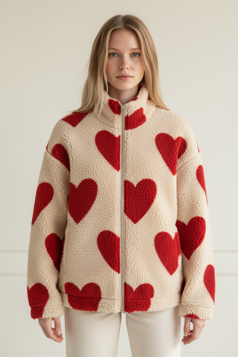 Cozy Collection | Women's Jacket with Heart Print & Fleece Fabric | Relaxed Fit for Warmth and Comfort