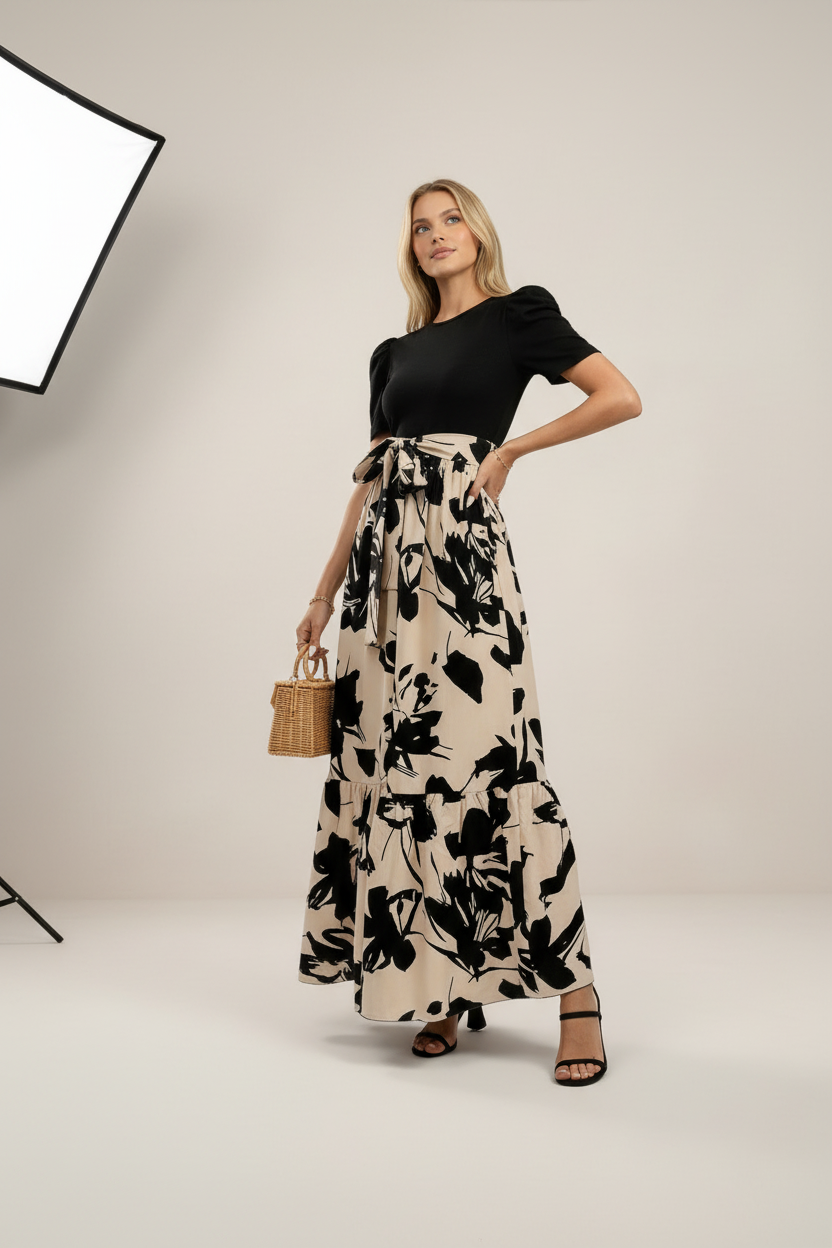 Floral Midi Dress | Women's Dress with Puff Sleeves & Belted Waist for Effortless Elegance