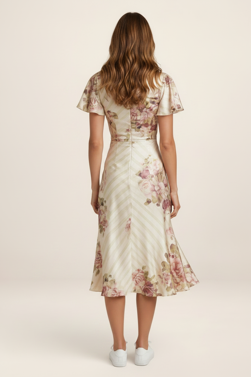 Elegant Midi Dress | Floral Satin Feel with Ruched Waist | Perfect for Special Occasions