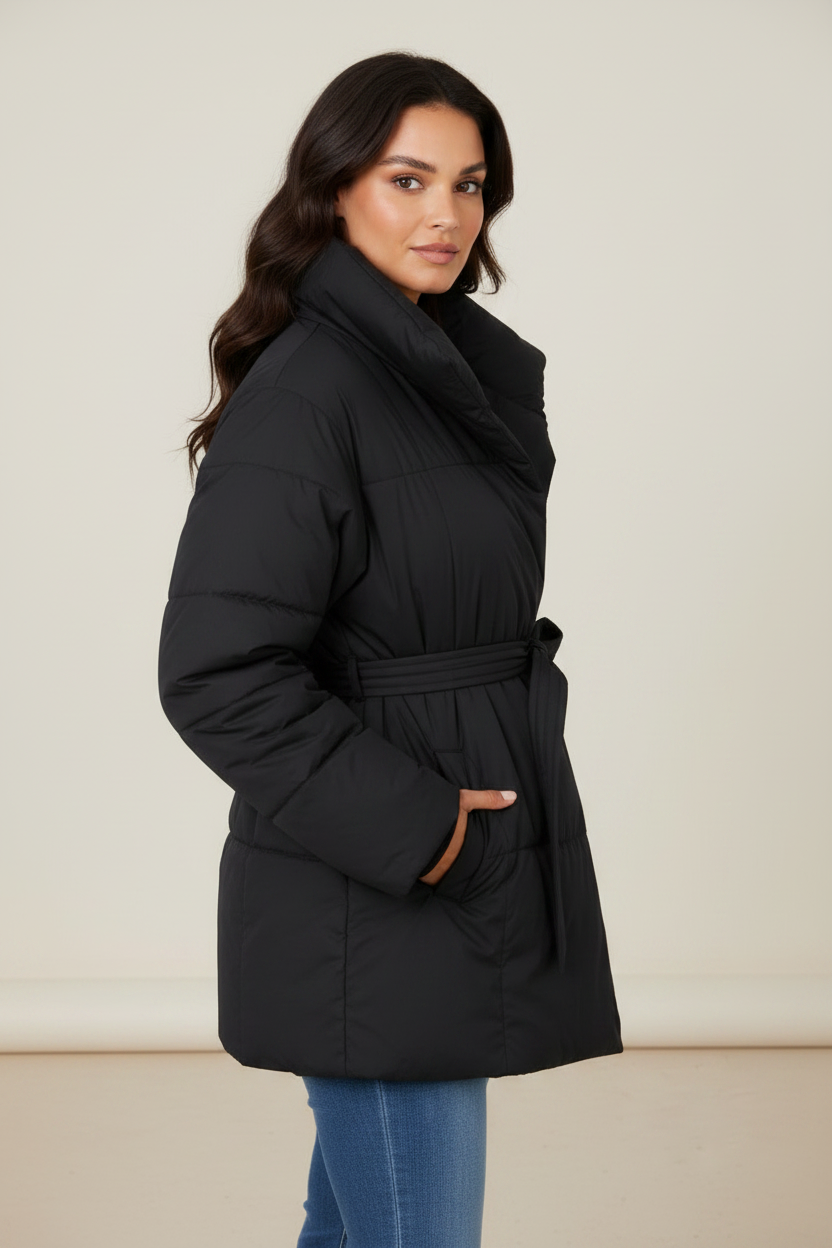 Elegant Women's Puffer Jacket with High Collar & Defined Waist | Cozy Winter Coat for Stylish Warmth