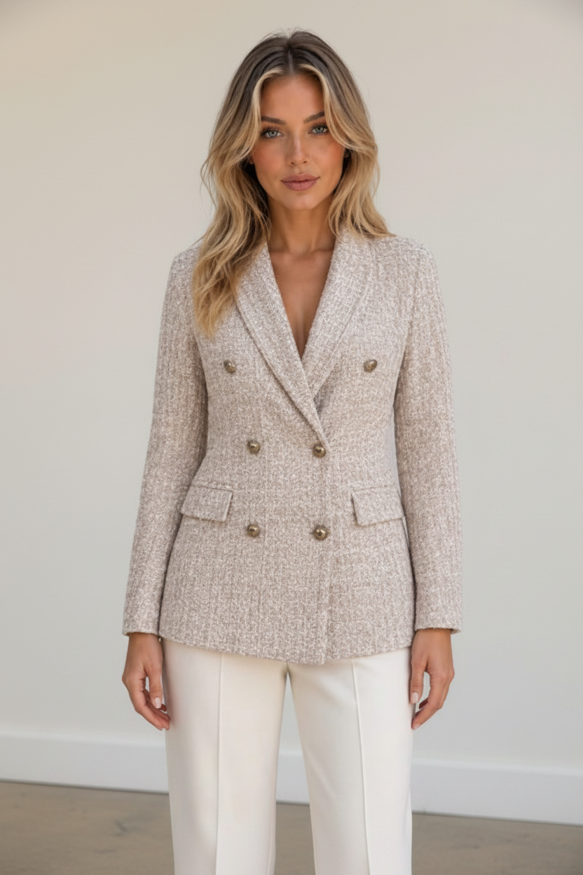 Elegant Tweed Blazer | Women's Double Breasted Jacket with Gold Buttons | Tailored Fit for Versatile Styling