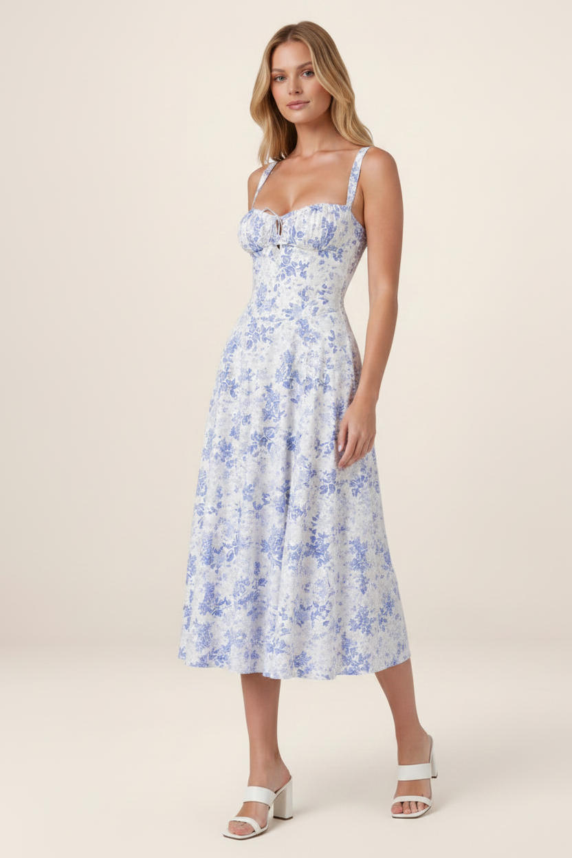 Elegant Floral Midi Dress with Corset Bodice & Sweetheart Neckline for Timeless Style