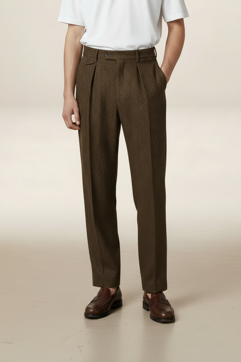 Men’s Herringbone Pleated Tailored Trousers – Straight Leg Smart Fit